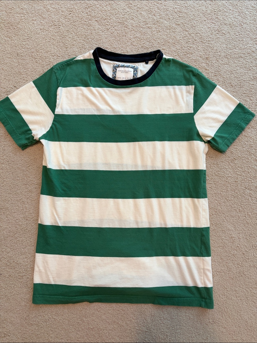 Denim & Flower small Green and off white Striped Tee with navy detail.